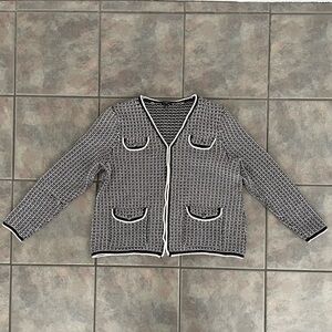 Talbots Tipped Tweed Sweater Jacket Womens Black White Open Front Cardigan XL P